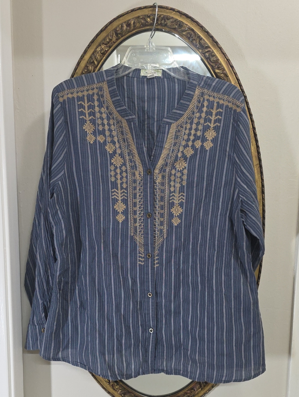 Nurture Blue Stripe Button-Front Shirt Tan Embroidery Loose Flowy Size XL Boho - Picture 1 of 11